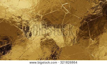 Shiny Torn And Folded Golden Foil Texture. Crumpled Metal Background.