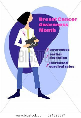 Breast Cancer Early Detection Concept. Breast Cancer Awareness Month. Hand Drawn Female Doctor With 