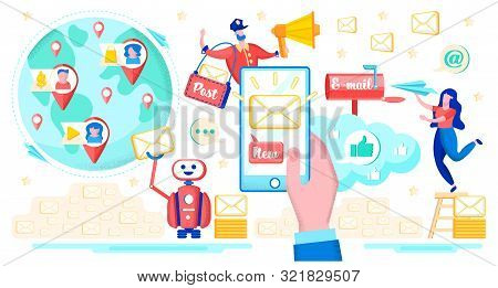 Messaging Application For Smartphone, Mobile E-mail Service Flat Vector Concept With Spam Robot Mail