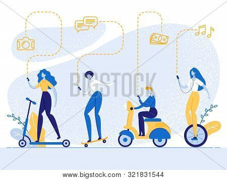Young Business People With Smartphones Driving Different Ecological Transport As Electronic Scooter,