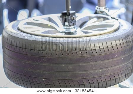 Mosocw, Russia - September, 6, 2019: the image of a tyre repair machine in a car repair station in Mosocw, Russia