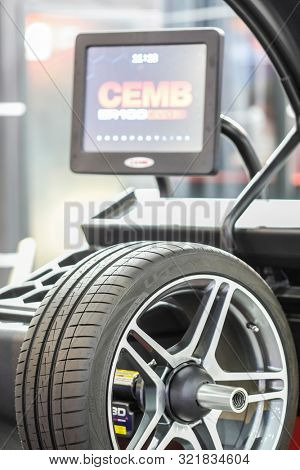Mosocw, Russia - September, 6, 2019: the image of a tyre repair machine in a car repair station in Mosocw, Russia