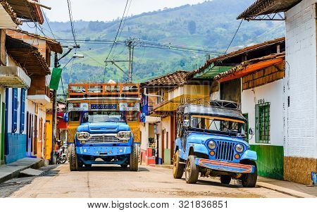 View On Typical Colorful Chicken Bus Near Jerico Antioquia, Colombia, South America