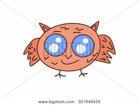 Cute Joyful Happy Colored Kawaii Owl, Owlet, Bird With Big Open Eyes, Smiles And Flaps Its Wings.