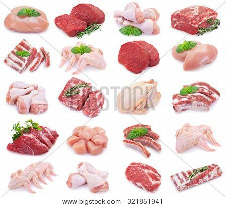 Collection Of Raw Meat Isolated On White Background