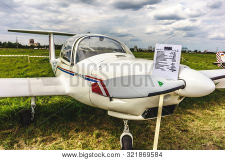 KALININGRAD, Russia - August 18, 2019: 100 Anniversary First European Airport Devau Fest, Ultra Light Propeller Screw Plane Ready for Flight