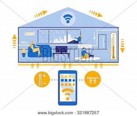 Advertising Poster Air Conditioning Cartoon Flat. In Foreground Is Remote From Air Conditioner. Wome