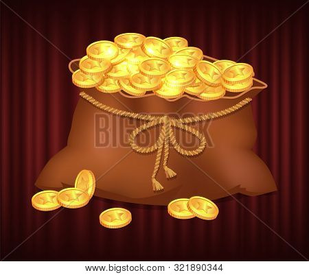Treasure In Sack Vector, Bag Filled With Money. Royal Gold Coins With Signs, Container With Thread T