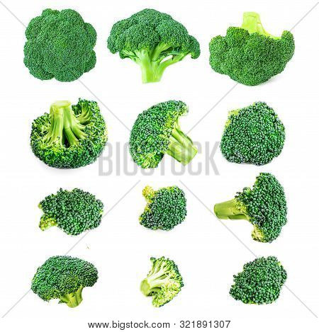 Creative Layout Made Of Broccoli.  Various Pieces Of Brocoli.  Fresh Green Vegetables Isolated On Wh