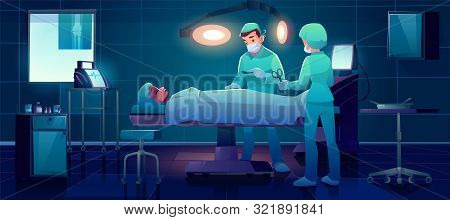 Plastic Surgeon Operating Patient With Assistant Help In Surgery Dark Room With Medical Stuff. Woman