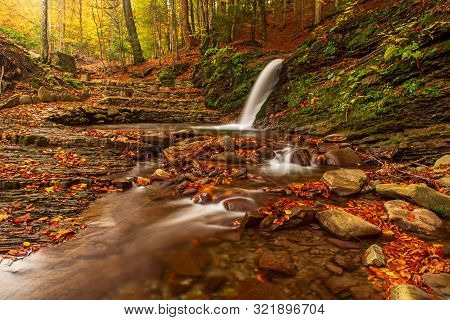 Autumn Mountain Waterfall Stream In The Rocks With Colorful Red Fallen Dry Leaves, Natural Seasonal 