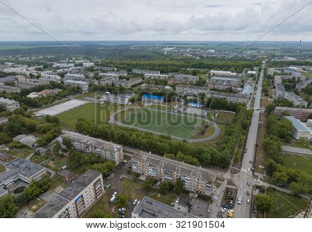 Stadium In Sukhoy Log City. Aerial, Summer, Cloudy Day