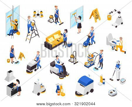 Professional Cleaning Service Isometric Set With Isolated Images Of Workers With Janitorial Supplies