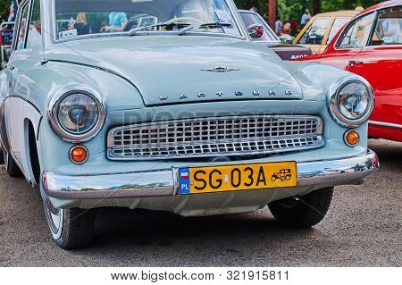 Front View Of Old Vintage Light Blue Car Wartburg 313