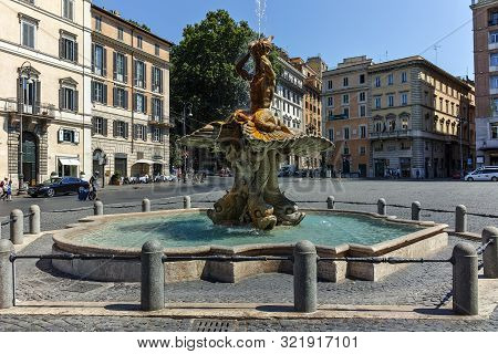 Rome, Italy - June 22, 2017: Amazing View Of Triton Fountain At Piazza Barberini In Rome, Italy