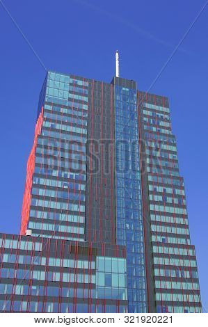 Almere Stad, The Netherlands - September 1, 2019: World Trade Center Almere Against A Clear Blue Sky