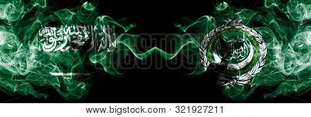 Saudi Arabia Kingdom Vs Arab League Smoky Mystic Flags Placed Side By Side. Thick Colored Silky Smok