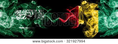 Saudi Arabia Kingdom Vs Guinea, Guinean Smoky Mystic Flags Placed Side By Side. Thick Colored Silky 