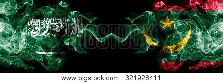 Saudi Arabia Kingdom Vs Mauritania, Mauritanian Smoky Mystic Flags Placed Side By Side. Thick Colore