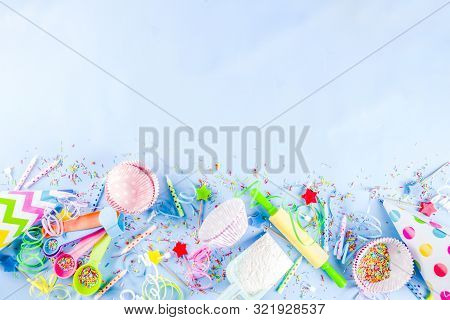 Sweet Baking Concept For Birthday Holiday Party, Cooking Background With Baking Stuff - Rolling Pin,