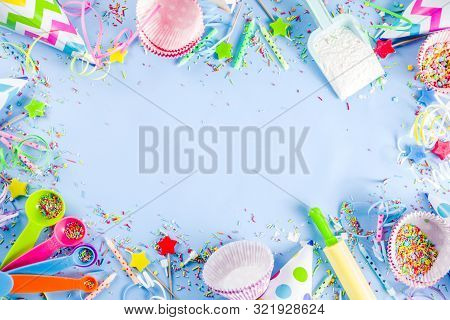 Sweet Baking Concept For Birthday Holiday Party, Cooking Background With Baking Stuff - Rolling Pin,
