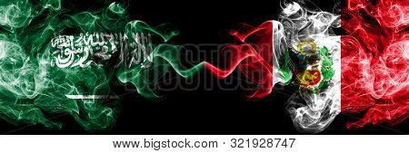 Saudi Arabia Kingdom Vs Peru, Peruan Smoky Mystic Flags Placed Side By Side. Thick Colored Silky Smo