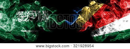 Saudi Arabia Kingdom Vs Seychelles, Seychelloise Smoky Mystic Flags Placed Side By Side. Thick Color