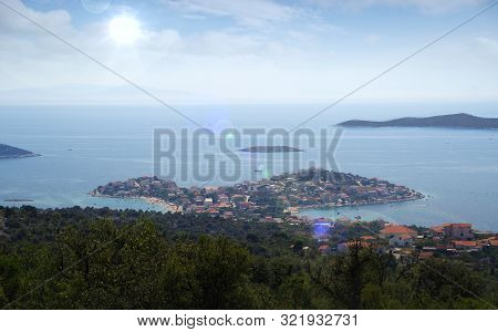 Sevid, Croatia, 19 August 2019 Panorama View With Boats On Sea. Old Mediterranean Travel Destination