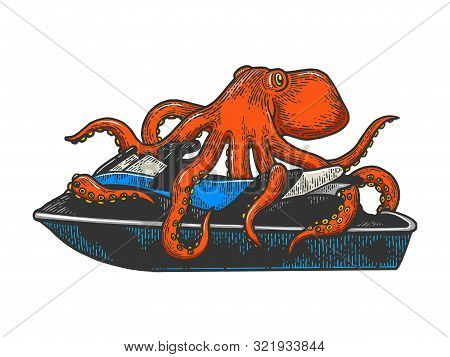 Octopus On Jetski Water Bike Sketch Engraving Vector Illustration. Tee Shirt Apparel Print Design. S