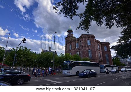 Frankfurt Am Main, Germany, August 2019. On The Right The Paulskirche Red Brick Church, Memorial To 