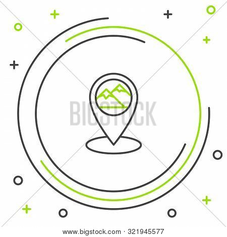 Black And Green Line Map Pointer With Mountain Icon Isolated On White Background. Mountains Travel I