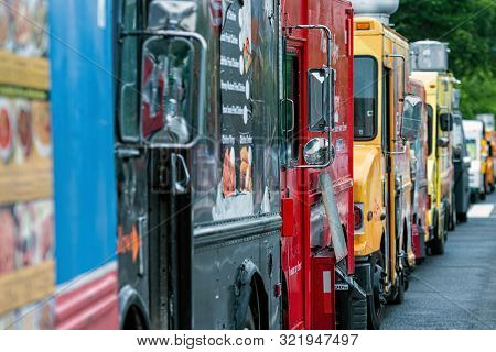 Washington Dc, Usa - June 9, 2019:  Parked And Lined Up Street Food Trucks In Washington Dc. Selecti