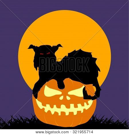 Halloween Spooky Feral Cat Silhouette On Hand Drawn Pumpkin Over Purple Background