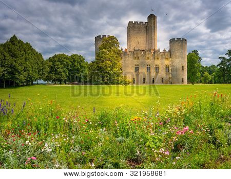 Aerial View Of Ancient Fortified Castle Of Chateau De Roquetaillade In Sunny Summer Day, Mazeres, Fr