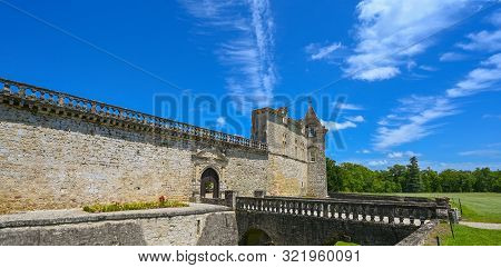 Aerial View Of Ancient Fortified Castle Of Chateau De Cazeneuve, Prechac, Bordeaux Region, France