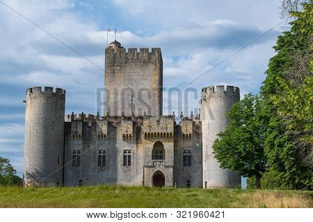 Aerial View Of Ancient Fortified Castle Of Chateau De Roquetaillade In Sunny Summer Day, Mazeres, Fr