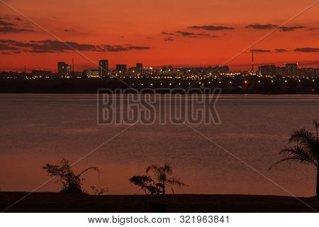 Beautiful Skyline Of Brasilia, Brazil At Sunset From Lake Paranoa