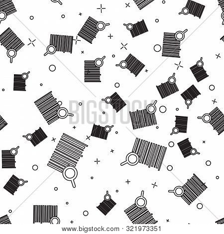 Black Line Search Barcode Icon Isolated Seamless Pattern On White Background. Magnifying Glass Searc