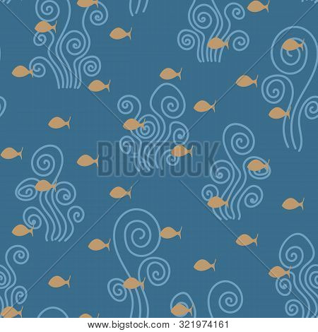 A Seamless Vector Pattern With Little Yellow Fish On A Blue Background. Surface Print Design.