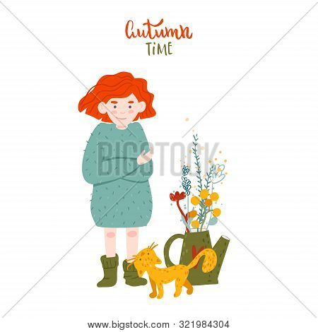 Cute Red Hair Girl With A Cat And Teapot With Leaves. Autumn Time Lettering. Cartoon Style Illustrat