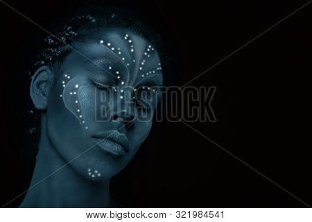 Art Photo Of Africal Woman With Tribal Ethnic Paintings In Avatar Style