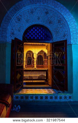 Marrakesh, Morocco - Jan 2019: Moroccan Architecture Traditional Arabian Design - Rich Riyad Arch Mo