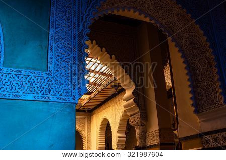 Marrakesh, Morocco - Jan 2019: Moroccan Architecture Traditional Arabian Design - Rich Riyad Arch Mo