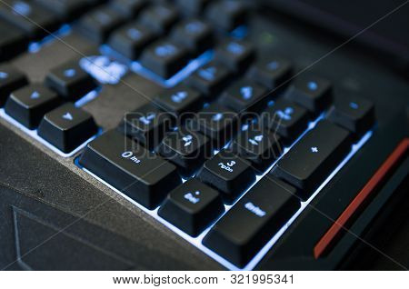 Gamer Keyboard With Colorful Blue Lights, Modern Gamer Computer. Blue Backlight, Backlit On Laptop O