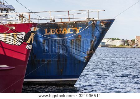 Fairhaven, Massachusetts, Usa - September 8, 2019: Weathered Bow Of Commercial Fishing Boat Legacy D