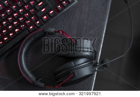 Gamer Keyboard With Colorful Blue Lights, Modern Gamer Computer. Blue Backlight, Backlit On Laptop O