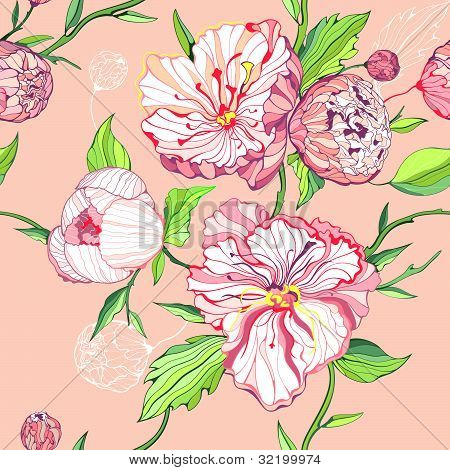 シームレスなベクトルの牡丹の花の背景色