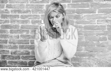 Reading Instruction On Label. Cute Woman Nursing Nasal Cold Or Allergy. Sick Woman With Nose Drops. 
