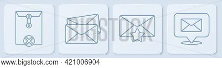 Set Line Delete Envelope, Envelope With Star, Envelope And Speech Bubble With Envelope. White Square