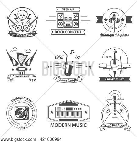 Black And White Music Styles Labels With Classic Rock Metal Blues Balalaika Isolated Vector Illustra